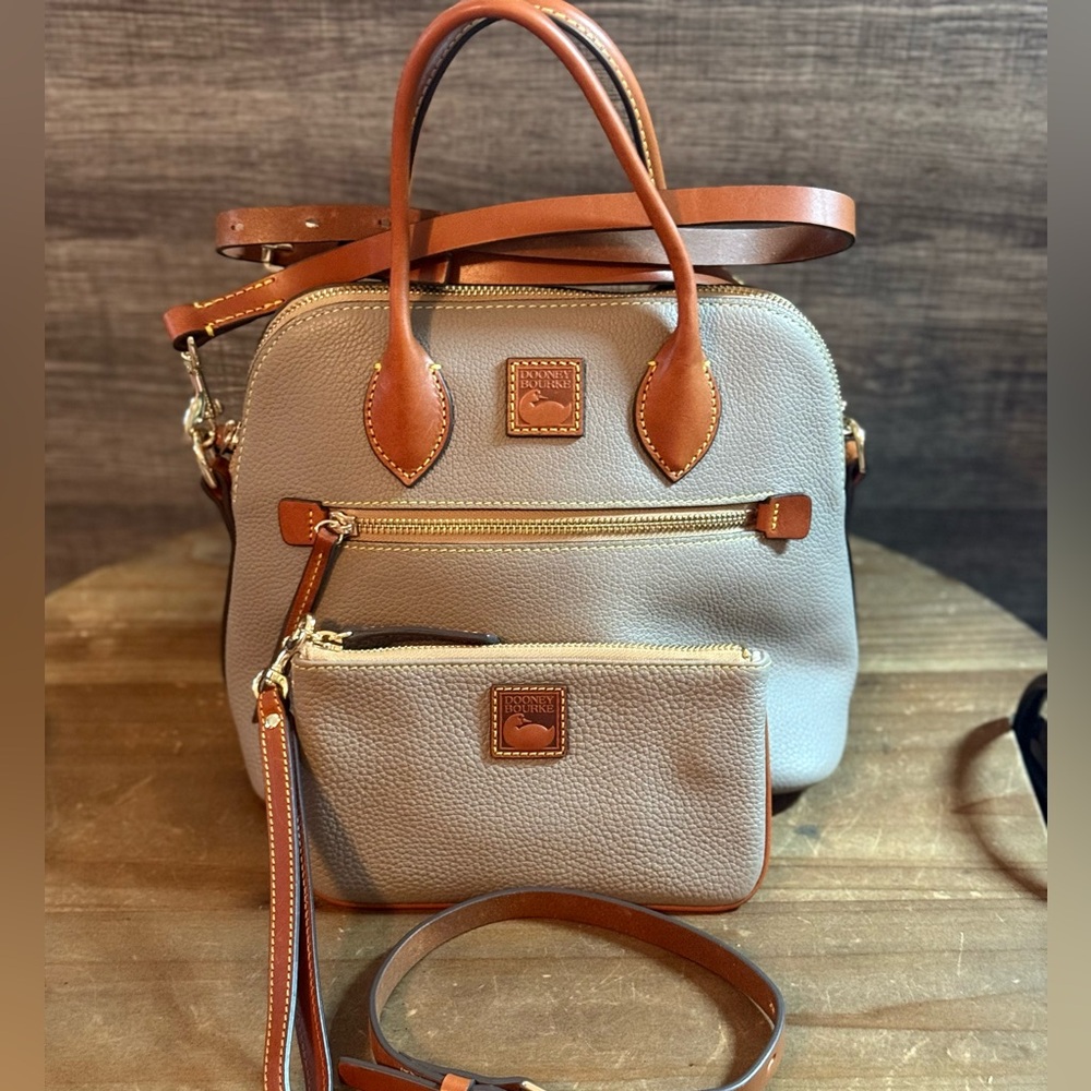 Dooney and Bourke Pebble Grain Dome Satchel with Matching wristlet in Taupe